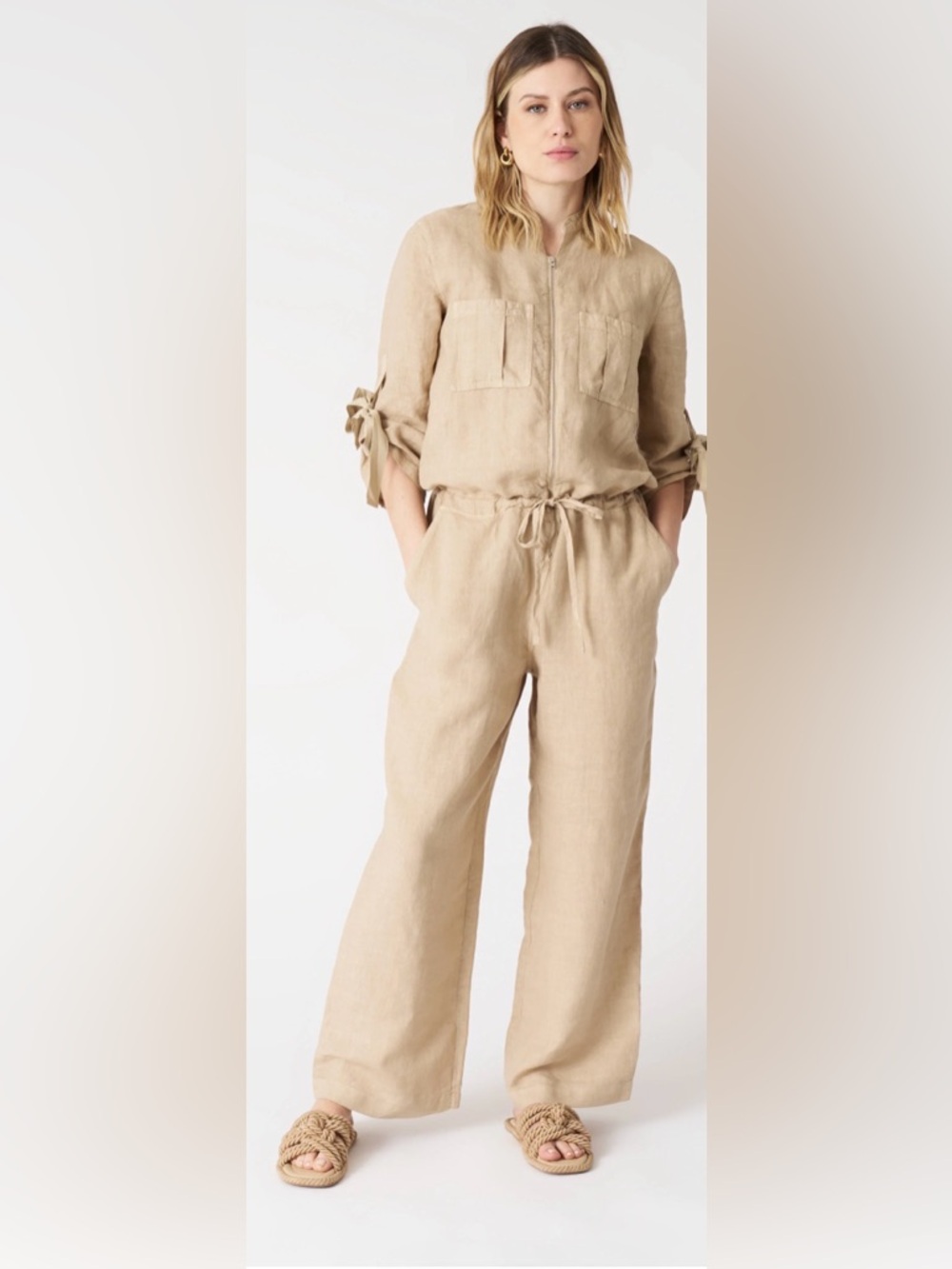 120% Lino Almond Linen Jumpsuit Tie Sleeves Zip Front Utility Size 40 Small